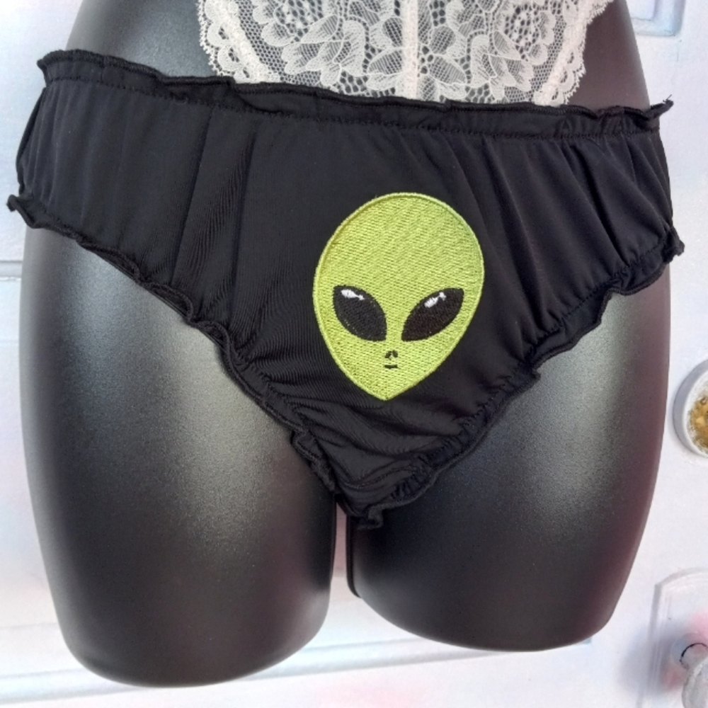 FINAL PRICE Dolls Kill Silky cheeky alien embroidered black ruffle edged panty! - Picture 7 of 9